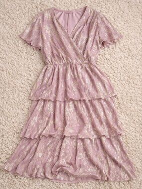 SL Fashions Foil Tiered Pink Midi Dress Size 12 NWT